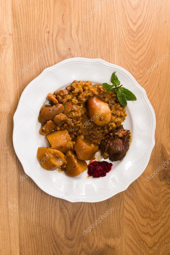 Traditional Jewish Cholent (Hamin) from Israel served with horse