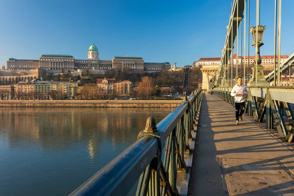 Dapest 12月30 2019 Szchenyiチェーン橋 ブダ城 国会議事堂 早朝黄金の時間にハンガリーのブダペストの古典的な建築を取り巻く — ストック写真
