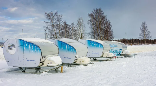 Rovaniemi Finlandia Feb 2020 Objęte Sankami Sanki Laponii Północnej Finlandii — Zdjęcie stockowe