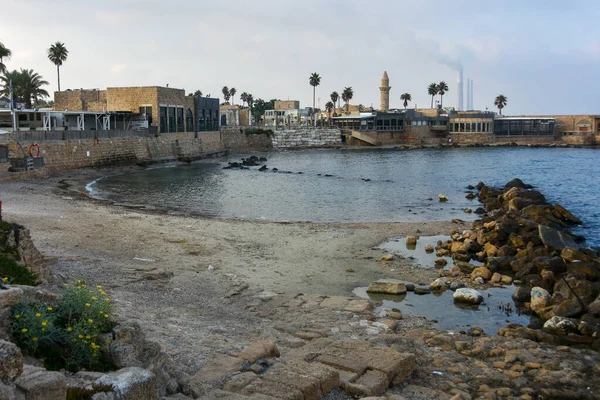 Caesarea Israel Aug 2020 Zabytkowy Cezarea Maritima Harbor Wieża Strato — Zdjęcie stockowe