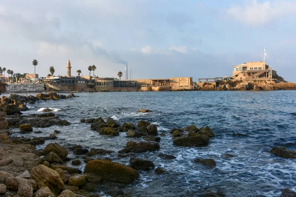 Caesarea Israel Aug 2020 Zabytkowy Cezarea Maritima Harbor Wieża Strato — Zdjęcie stockowe