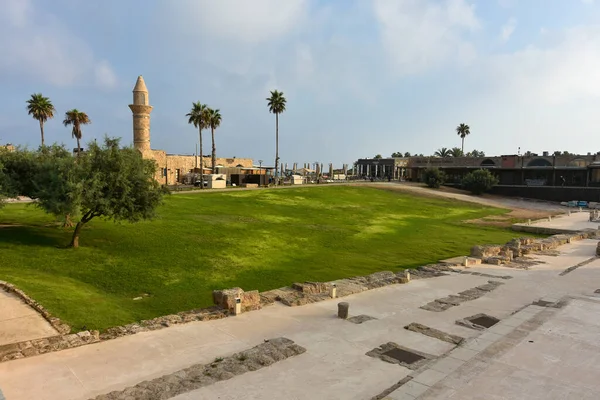 Caesarea Israel Aug 2020 Zabytkowy Cezarea Maritima Harbor Wieża Strato Zdjęcie Stockowe