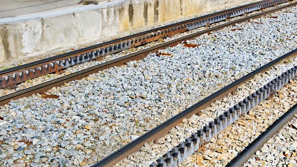 Rack railway railroad tracks in Vall de Nuria, Spain — Stock Photo, Image