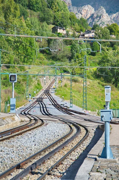 Rack railway railroad tracks in Vall de Nuria, Spain — Stock Photo, Image