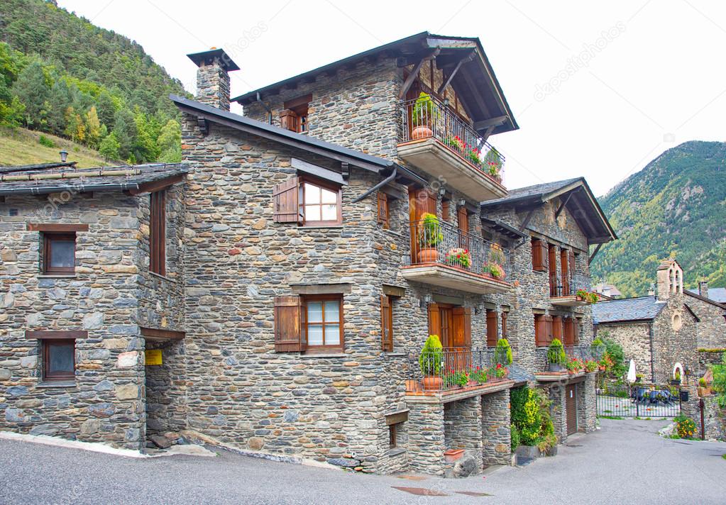 Typical traditional dark brick Andorra rural houses