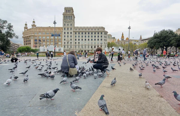 Personnes nourrissant les pigeons sur la place de Catalogne, Barcelone — Photo