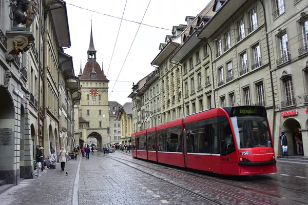 Bern Prison Tower with a red street car — Stock Photo, Image