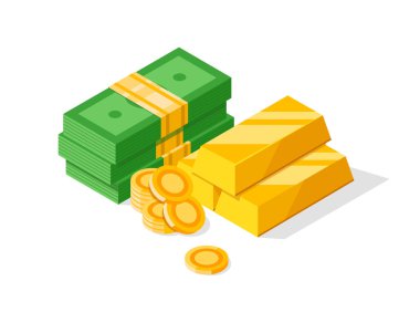 Büyük miktarda para ve biraz altın para. İzometrik biçimde para simgesi