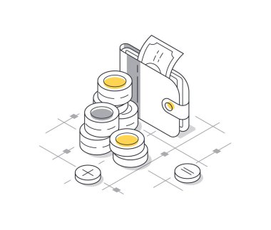 İçinde para ve bozuk para olan bir cüzdanın yer aldığı Isome çizgisi sanatı, iş kurma kavramını gözler önüne serer.