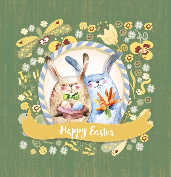 两只可爱的兔子拿着礼物-鸡蛋和胡萝卜花束 — 图库照片