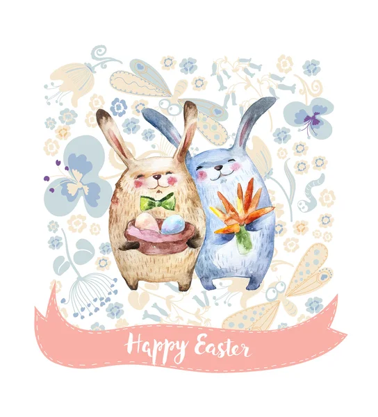 两只可爱的兔子拿着礼物-鸡蛋和胡萝卜花束. — 图库照片