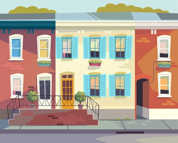 Front doors to the house.  Sunny city street  Vector illustratio — Διανυσματικό Αρχείο