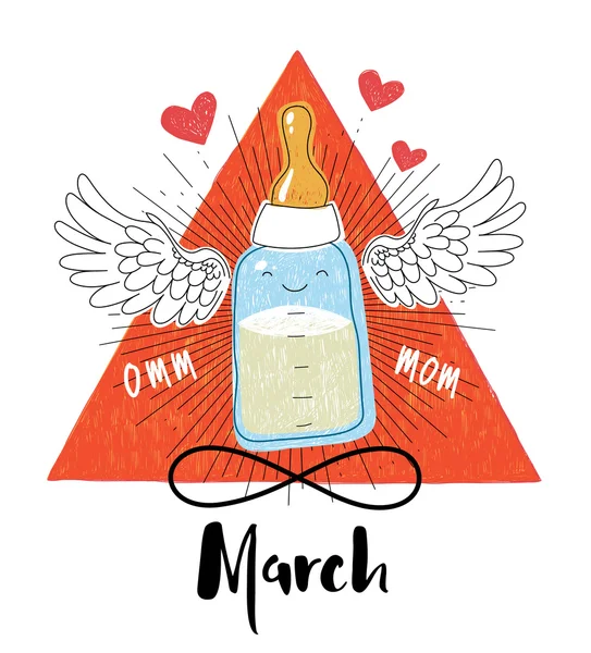 Elegante diseño de tarjetas de felicitación para la celebración del Día Internacional de la Mujer para las mamás sobre un fondo blanco. Biberón con alas blancas y corazón . — Vector de stock