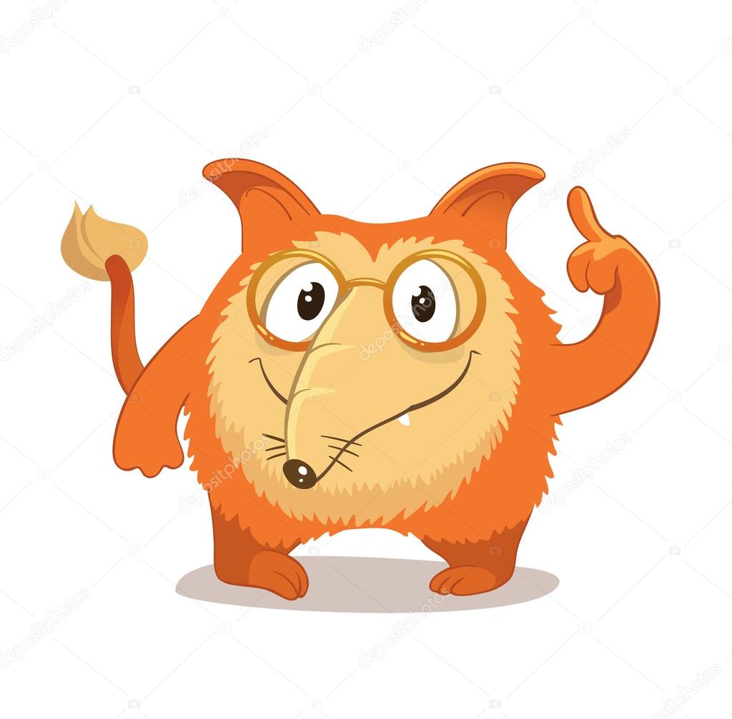 Fantasy, round and smart character with cute protruding ears and a long nose,  reminiscent of a red fox vs dog. Wearing glasses. Raised forefinger.  Corporate character. Stock Vector Image by ©Lisitsa_ #101119386