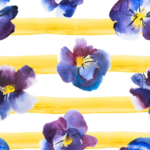Высококачественная акварель безропотный фиолетово-голубой цветок панзи на желтом полосатом фоне, рисунок . — стоковое фото