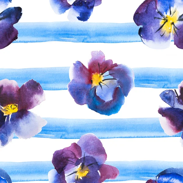 High Quality Watercolor Seamless Pattern Violet and Blue Flower of Pansy on a blue striped background, Hand drawn design. — Stock Photo, Image