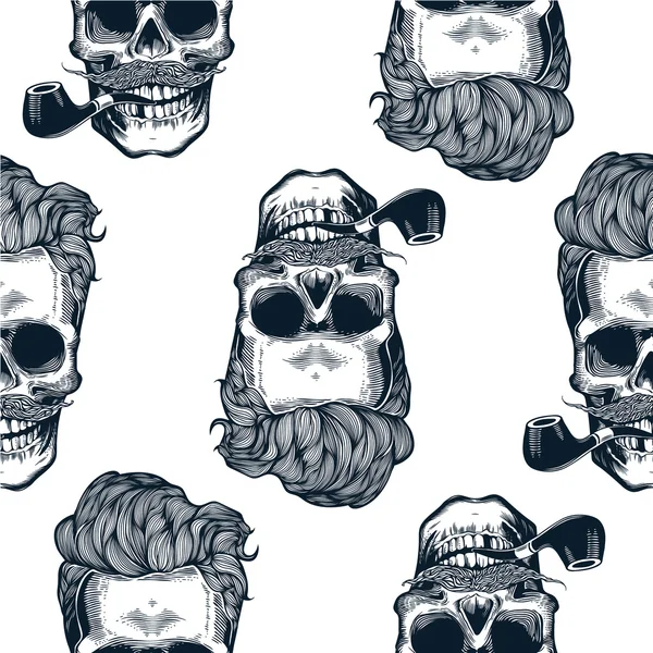 Patrón sin costuras Hipster con siluetas de cráneos, silueta de cráneo en estilo grabado vintage bigote, barba, pipas de tabaco. Ilustración vectorial en blanco y negro . — Vector de stock