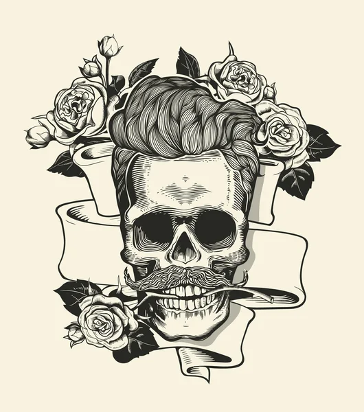 La sagoma di cranio di hipster con baffi e si è alzata in mazzo di nastro di denti di roses su uno sfondo. Illustrazione vettoriale in stile vintage. Perfetto per la stampa di t-shirt . — Vettoriale Stock