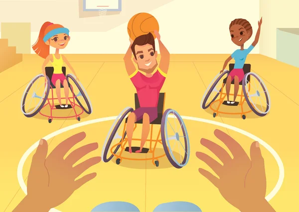 Handisport. Αγόρια και κορίτσια σε αναπηρικές καρέκλες που παίζει baysball σε μια σχολή γυμναστήριο. Χάντικαπ First-person άποψη. Φροντίδα για τα άτομα με ειδικές ανάγκες παιδιά. Έννοια της ιατρικής αποκατάστασης. — Διανυσματικό Αρχείο
