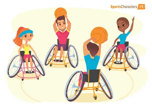 Handisport characters. Boys and girls in wheelchairs playing baysball Handicap First-person view. Medical rehabilitation Illustration. — Stock Vector