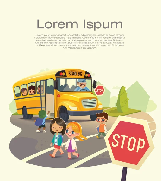 Arrêt de bus scolaire. Retour à l'école Concept de sécurité. Je passe devant un bus scolaire. Flyer pour la loi sur les arrêts de bus scolaires. Bus pour enfants pensionnaires. Des enfants traversant la route. Illustration vectorielle . — Image vectorielle