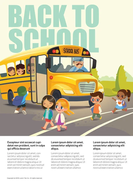 Back To School Safety Flayer raffigurante la fermata dello scuolabus. Passavo davanti a uno scuolabus. Imbarco per bambini. Bambini che attraversano la strada. Illustrazione vettoriale . — Vettoriale Stock