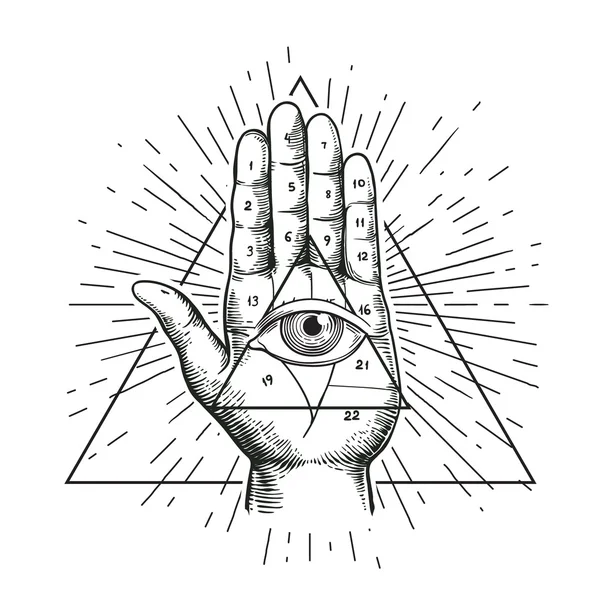 Hipster εικονογράφηση με ηλιοφάνεια, χέρι και όλα τα βλέπει το μάτι σύμβολο nside τρίγωνο πυραμίδα. Μάτι της πρόνοιας. Σύμβολο Masonic. Grunge απόκρυφα πνευματικές εθνοτικές μασκότ. σχέδιο μπλούζας — Διανυσματικό Αρχείο