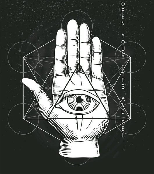 Hipster illustration with sacred geometry, hand, and all seeing eye symbol inside triangle pyramid. Masonic symbol. Stylish vintage background. Grunge Esoteric spiritual ethnic mascot. t-shirt design — Stock Vector