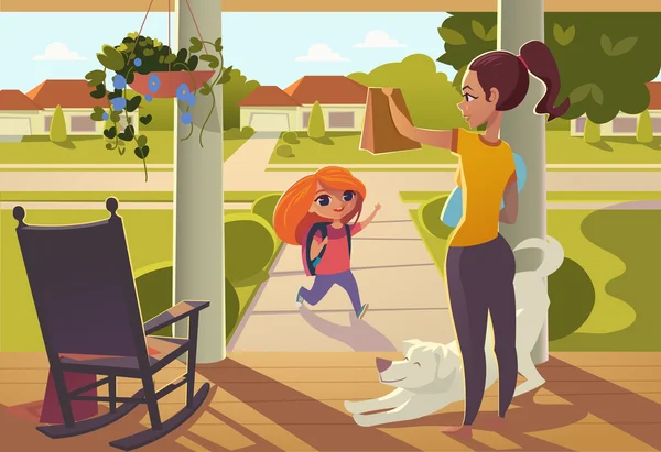 Mother seeing daughter off to school standing on the porch of the house, sends her a snack. Bright morning street with sunny , rocking chair, and cheerful white dog. — Stock Illustration Mother seeing daughter off to school standing on the porch of the house, sends her a snack. Bright morning street with sunny , rocking chair, and cheerful white dog. Stock Vector