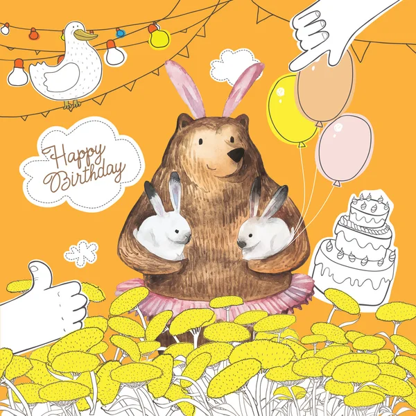 Söta tecknade bear med ballonger innehar två små kaniner. Happy Birthday Kortdesign. Hand dras akvarell element. — Stock vektor