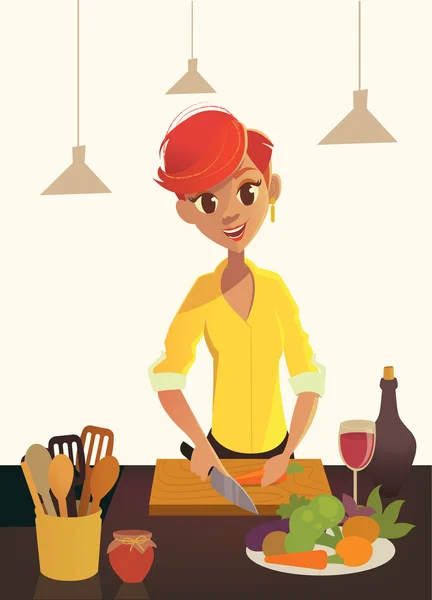 Cibo sano, donna dei cartoni animati cucina nella cucina moderna. Frutta e verdura. Illustrazione piatta vettoriale . — Vettoriale Stock