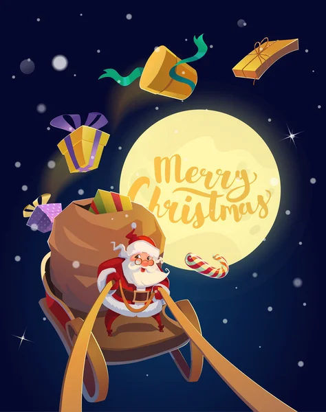 Karácsonyi kártya Santa bemutatja és cukorka lovaglás a szán, a Hold, a háttérben a csomó. Boldog karácsonyt felirat. Vektoros illusztráció — Stock Vector