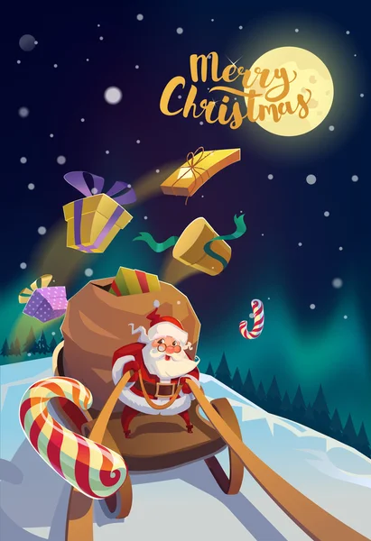 Tarjeta de Navidad. Santa con el montón de regalos cabalgando en un trineo en el bosque de invierno. Luces polares al fondo. Feliz Navidad Lettering. Ilustración vectorial . — Archivo Imágenes Vectoriales