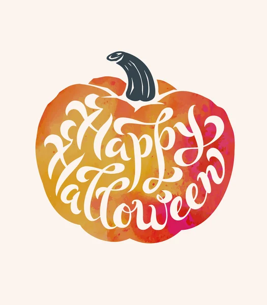 Isolerade akvarell pumpa med handritade borste kalligrafi. Happy Halloween-tema. Vektorillustration. — Stock vektor
