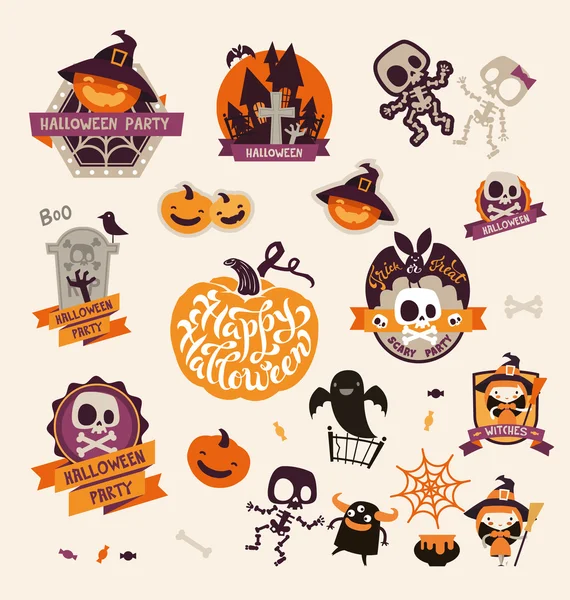 Set of Retro Vintage Happy Halloween Badges, Stickers, Labels. Design Elements for Greetings Card or Party Flyer. Vector Illustration — Stock Vector