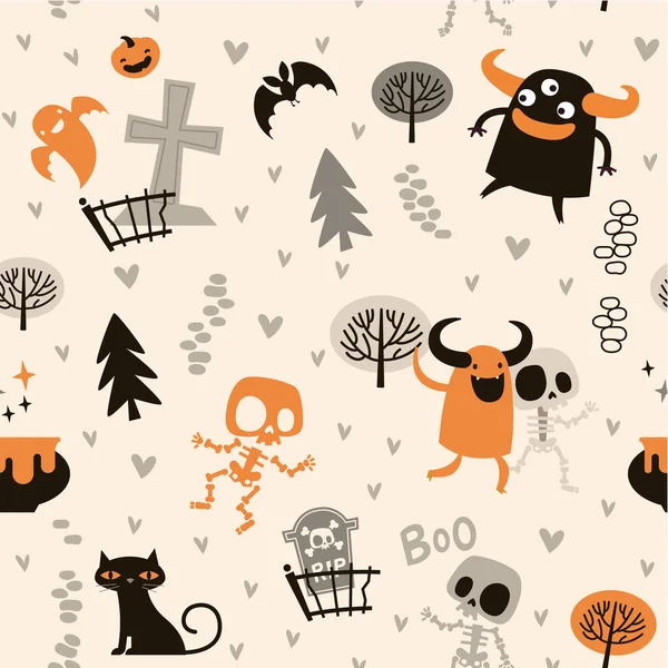 Modèle de thème Halloween, squelettes mignons et monstres dans une forêt. Jour mexicain du thème des morts. Illustration vectorielle plate — Image vectorielle