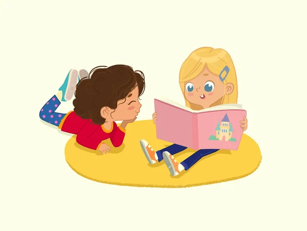 Ilustrace dvou kamarádek, které čtou knihu v koutě knihy ve školce. Izolované. — Stockový vektor