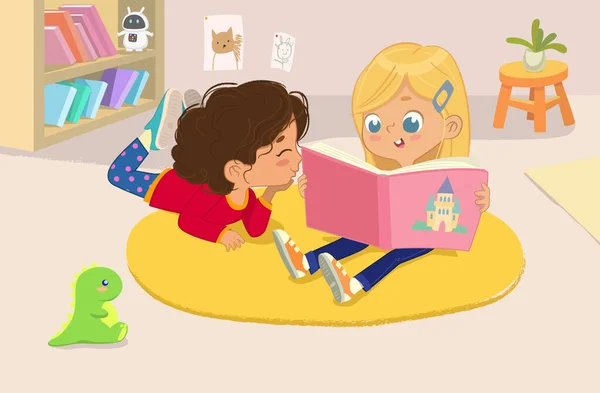 Illustratie van twee meisjes het lezen van het boek in een boek hoek in de kleuterschool — Stockvector