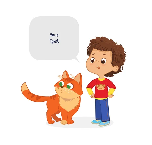 Chlapec s kočkou mazlíčkem. Péče o domácí zvířata koncept. Školní chlapec a jeho mazlíček Red Cat a řečové bubliny s místem pro text izolované na bílém pozadí. — Stockový vektor