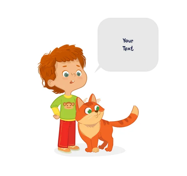 Chlapec s kočkou mazlíčkem. Péče o domácí zvířata koncept. Školní chlapec a jeho mazlíček Red Cat a řečové bubliny s místem pro text izolované na bílém pozadí. — Stockový vektor