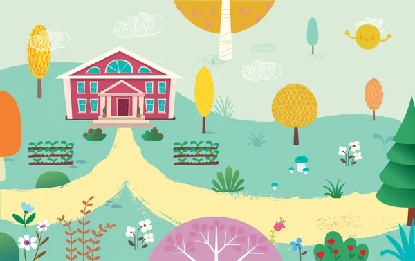 Ilustração de quintal vazio e escola. Estrada para a escola. Verão crianças paisagem com as árvores, flores, cogumelos e plantas. — Vetor de Stock