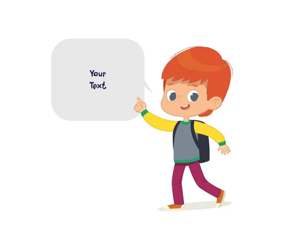 Illustration vectorielle du garçon avec le sac à dos va à l'école. Le garçon d'âge préscolaire va à l'école. Ecole garçon et bulle de parole avec place pour le texte isolé sur fond blanc.. — Image vectorielle
