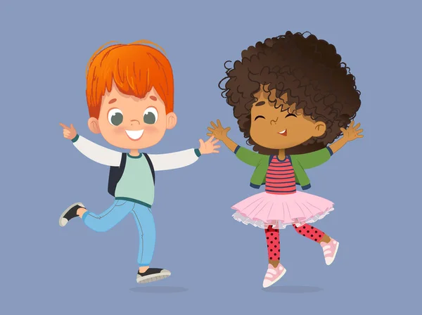 Escuela de Niños Niño y niña son felizmente saltar juntos. Los niños juegan en la hierba. El concepto es divertido y vibrante momentos de la infancia. ilustraciones vectoriales — Vector de stock