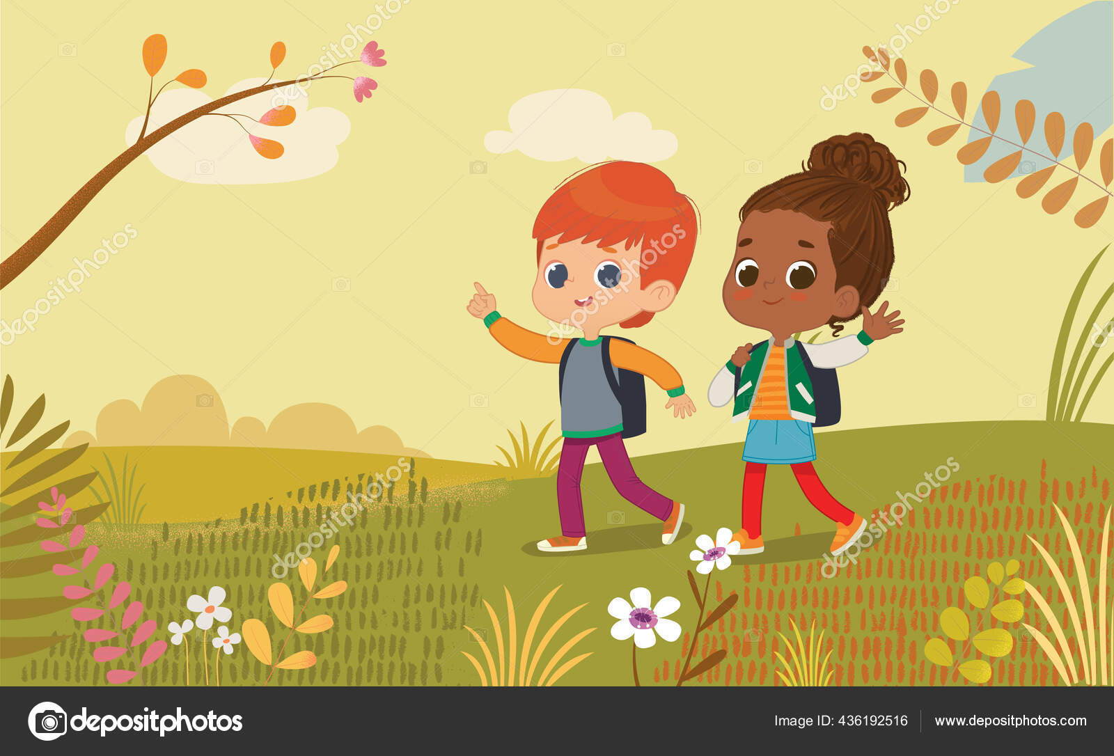 Illustration of the boy and girl with the backpack walk at Park