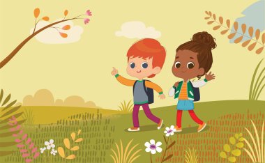 Illustration of the boy and girl with the backpack walk at Park. Two friends talk to each other, go back to school through Autumn park. Preschool kids go to school. Montessori Children. clipart