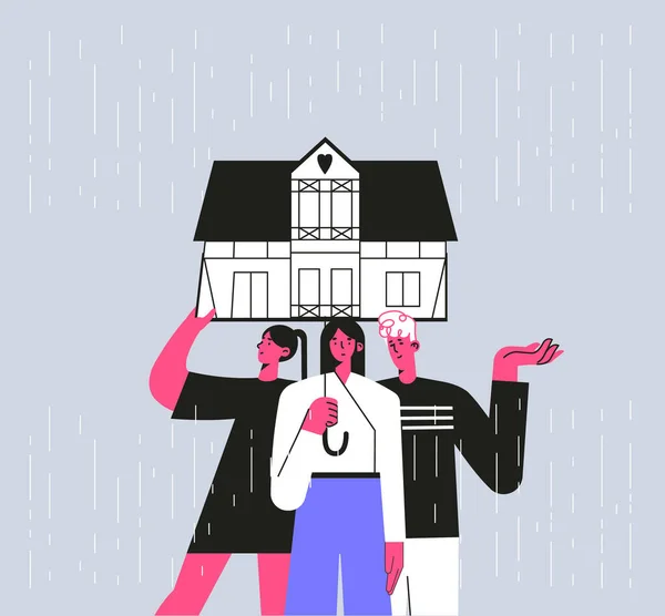 Ilustrace přátel pod deštníkem v podobě hadice za deštivého dne. Rodina doma, ilustrace v plochém stylu. Pojem sebeizolace, sociální dispozice — Stockový vektor