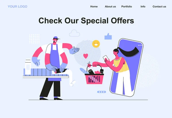 Modelo de landing page de venda on-line, Jovem mulher loja on-line usando smartphone. Vendedor usar uniformes embala produtos. Modelo de landing page. Ilustração vetorial. —  Vetores de Stock