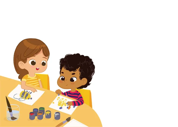 Chłopiec i Dziewczyna Rysować Obrazy Z Farbami. Izolacja na białym tle — Wektor stockowy