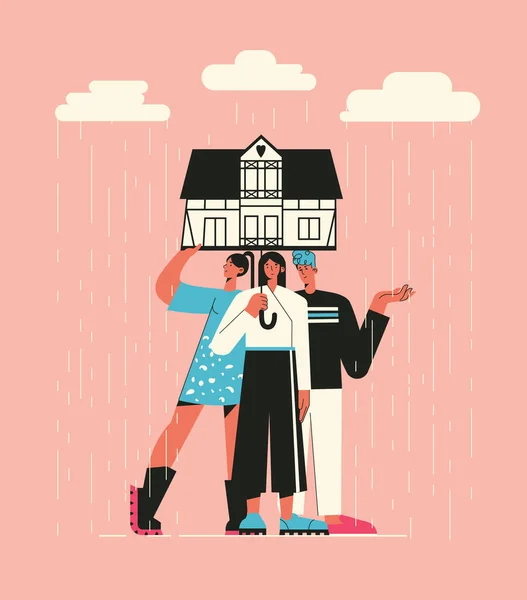 Illustration av vänner under paraplyet i form av slang en regnig dag. Familjen hemma, hjälp och stöd koncept. Platt stil illustration. Begreppet självisolering, social dist — Stock vektor