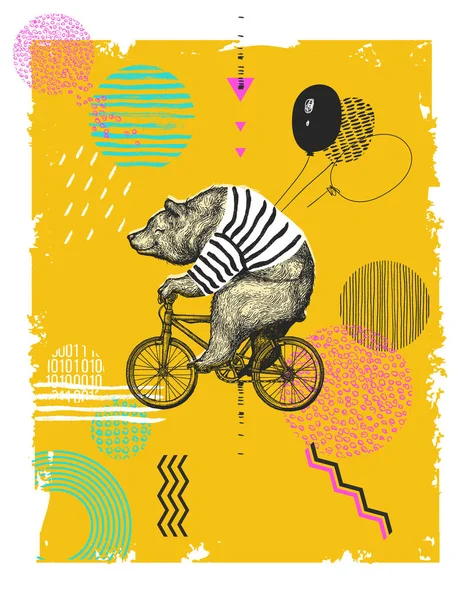 Bear with Balloons Rides Cykel T-shirt Print. Vintage Mascot Söt Kul Grizzly cykel cykel. Abstrakt bakgrund. — Stock vektor